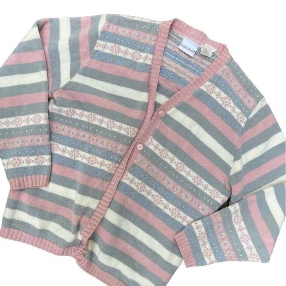 Vintage Bobbie Brooks Cardigan Pink Grey Striped Floral Pastel Size Medium